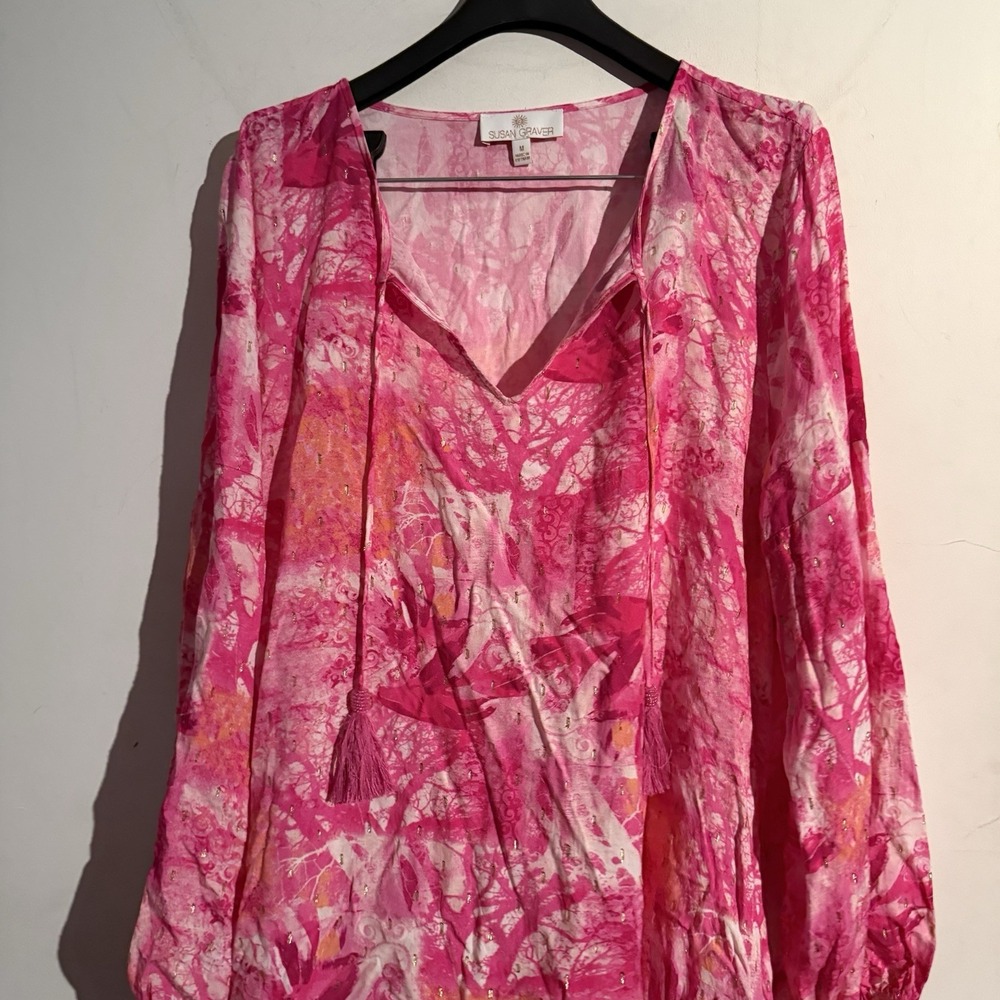 Susan Graver Soleil Mini Dress Pink Boho Artsy Abstract Coastal Beach Tropical - Picture 2 of 5
